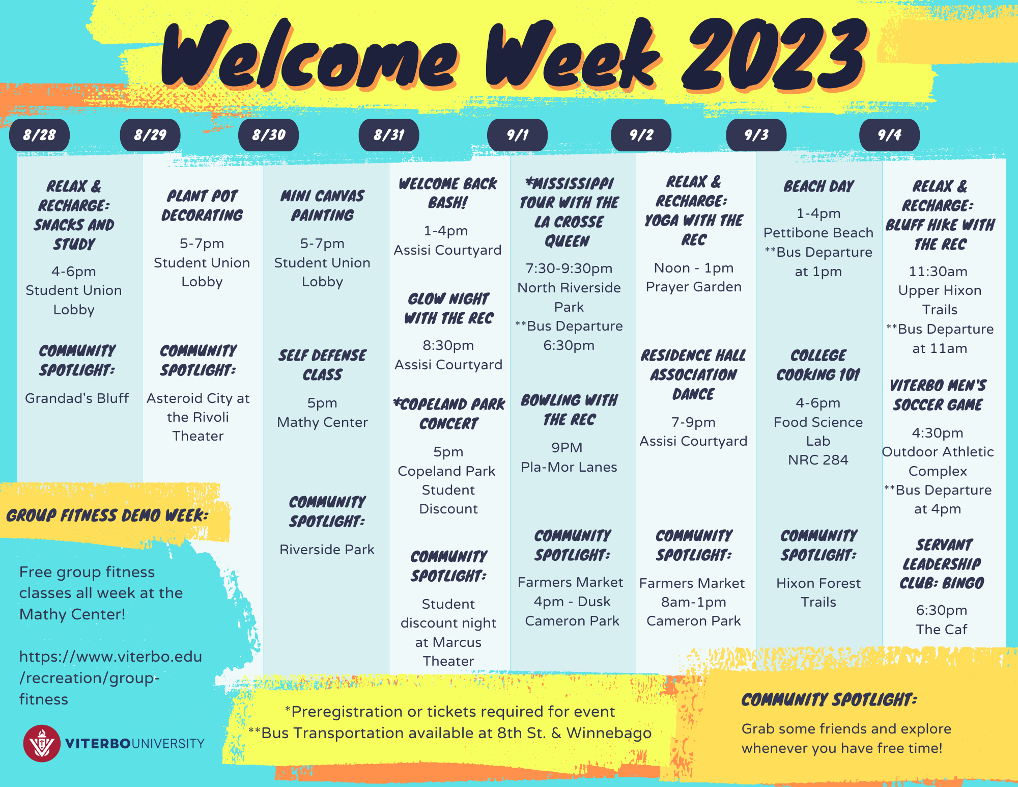 A flyer showcasing all of the events available for Viterbo University's 2023 Welcome Week