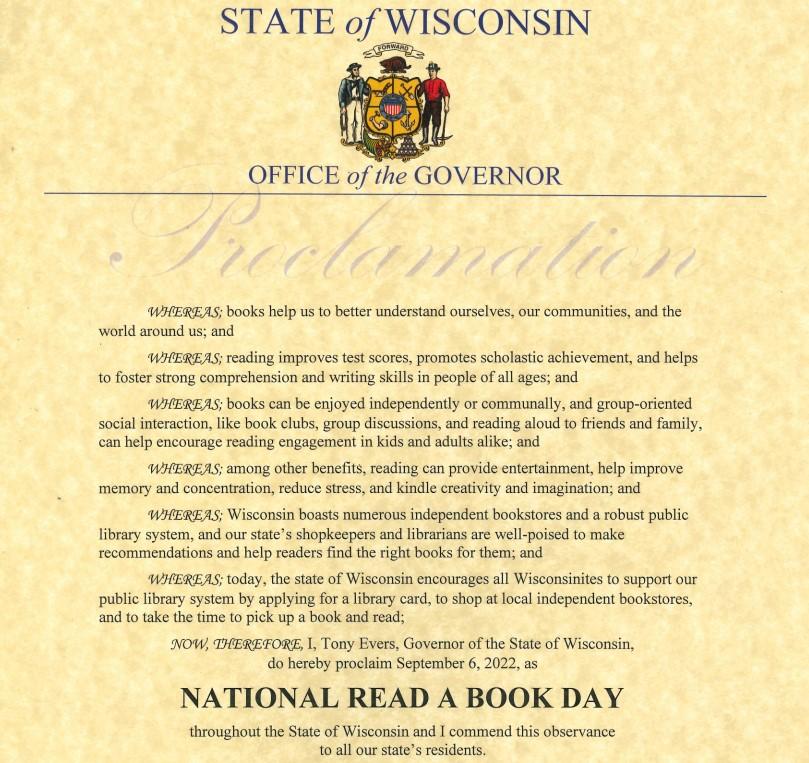 Image of Governor Evers' Proclamation for Wisconsin National Read a Book Day