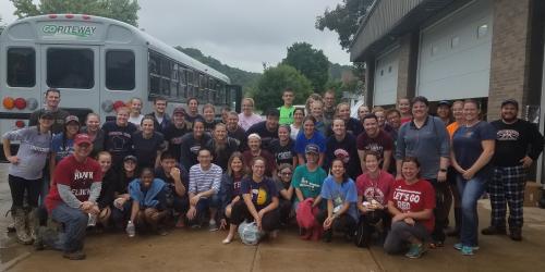 Group of Viterbo students, employees, alumni, and community members serving in Viola, WI - September 3rd, 2018.