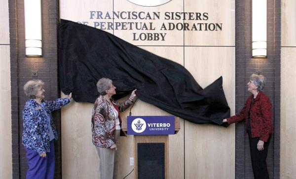The The newly named Franciscan Sisters of Perpetual Adoration Lobby in the Fine Arts Center was dedicated in 2019 in honor of the FSPA. 