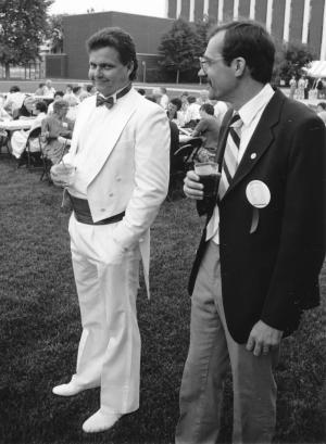 Tom Thibodeau, left, is pictured in his early days at Viterbo with Pat Kerrigan, who was in charge of the communications department.