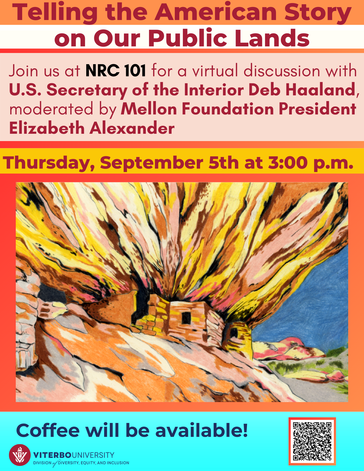 Image details the virtual event specifics: Sept. 5, 3:00PM, Nursing rm. 101 Viterbo campus