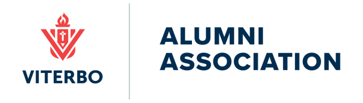 Red Viterbo Logo on the left with the words Viterbo underneath in blue and on the right the words Alumni Association in blue
