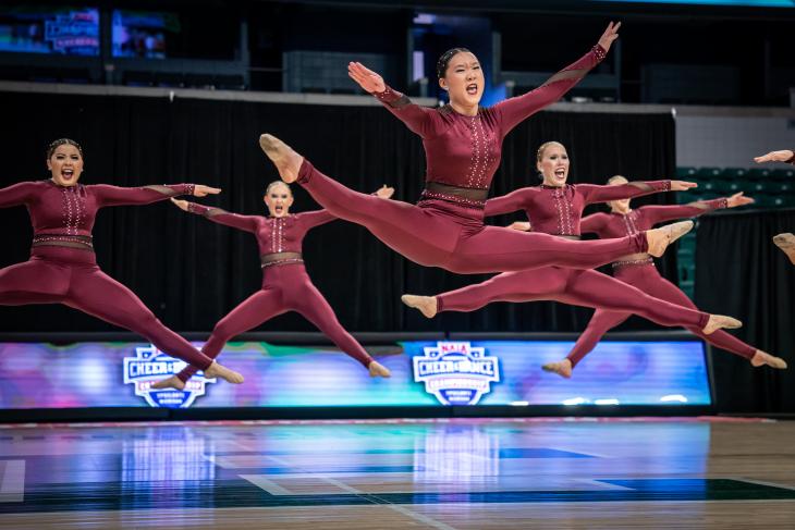 Nyah Brooks, front, participates in the NAIA Cheer and Dance National Championships on March 11 at the Eastern Michigan University in Ypsilanti, Michigan. (JC Sports Photography, Jaime Crawford)