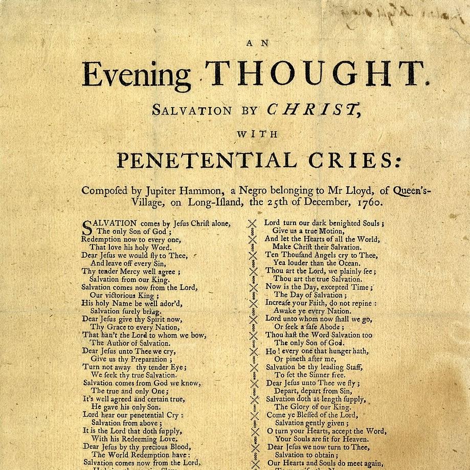 Image of Jupiter Hammon's first published poem, "An Evening Thought."