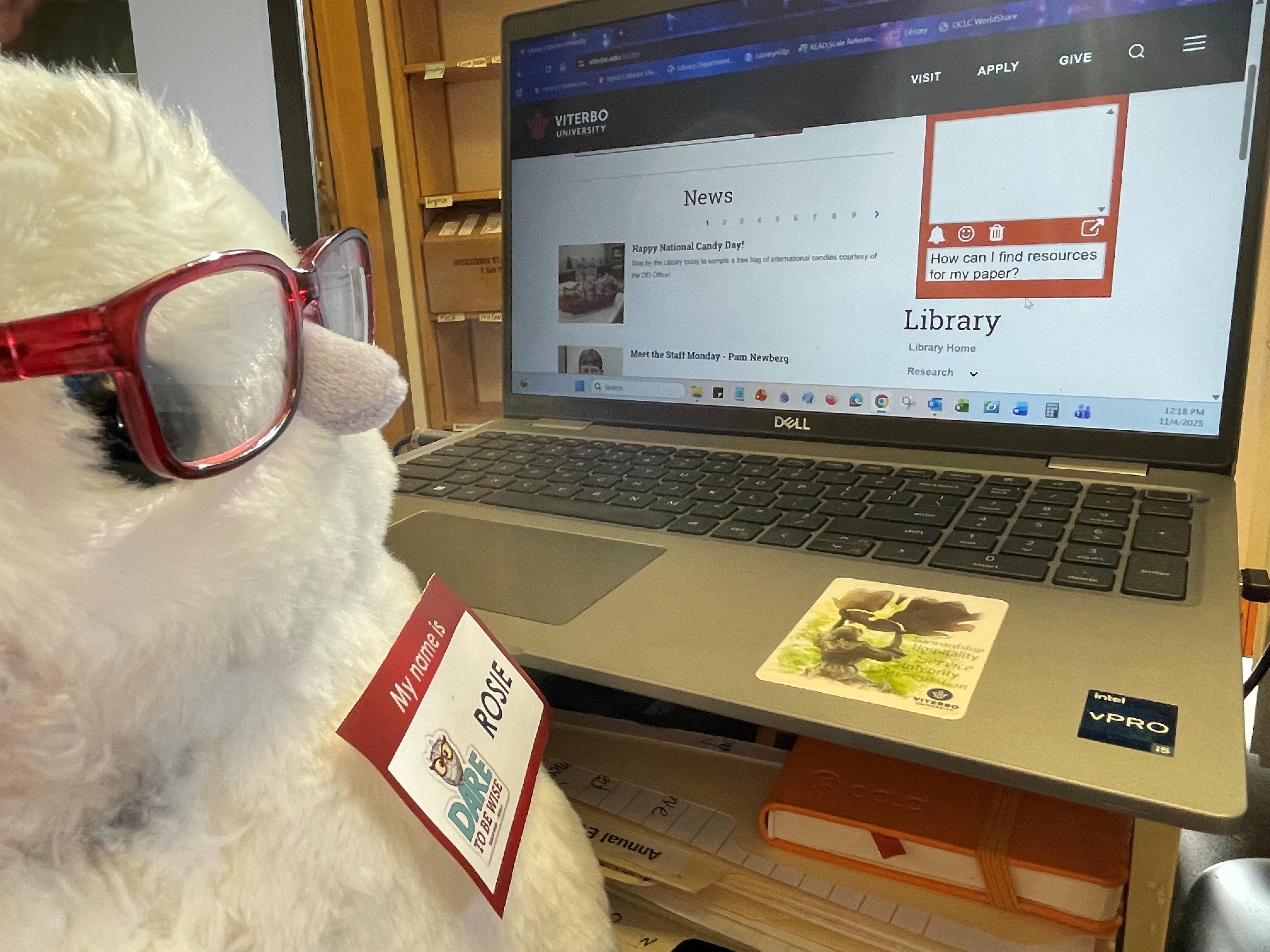 A stuffed Snowy Owl wearing red-framed glasses and a name tag reading Rosie looks at the library chat window on her laptop computer.