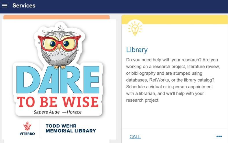 Screenshot of the Starfish Services menu for the Library with the Dare To Be Wise Rosie the Owl logo next to it.
