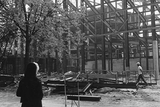 Sr. Grace McDonald views the construction of the Fine Arts Center in the 19060s.