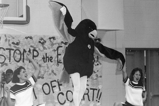 Unveiling of the Viterbo mascot, Vic the V-Hawk, at the Student Activities Center in 1987.