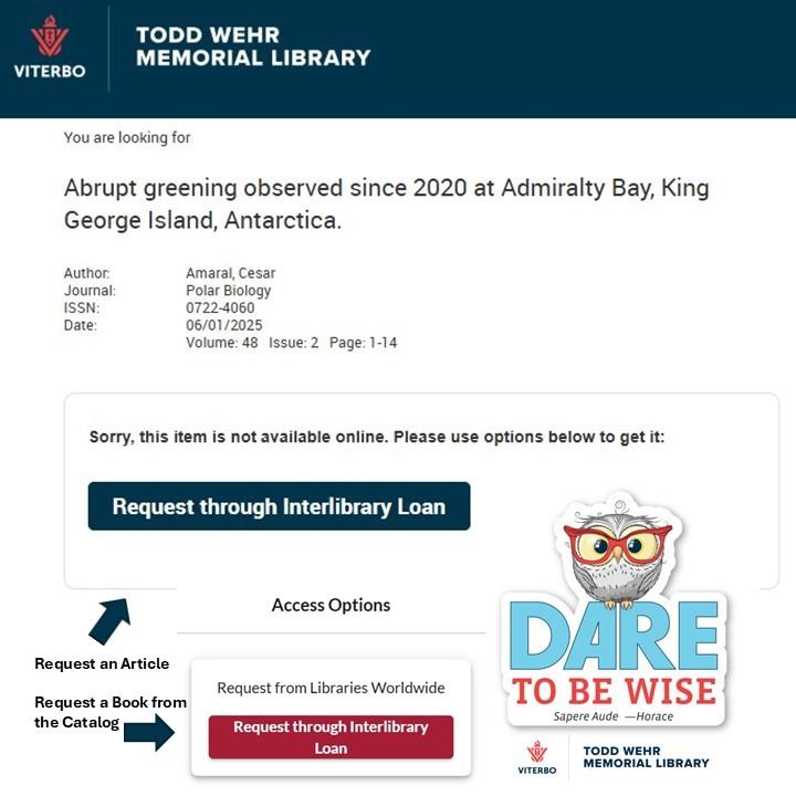 Image of the citation for a journal article with a blue ILL button next to it, a red ILL button, and the Rosie the Owl Dare To Be Wise logo.