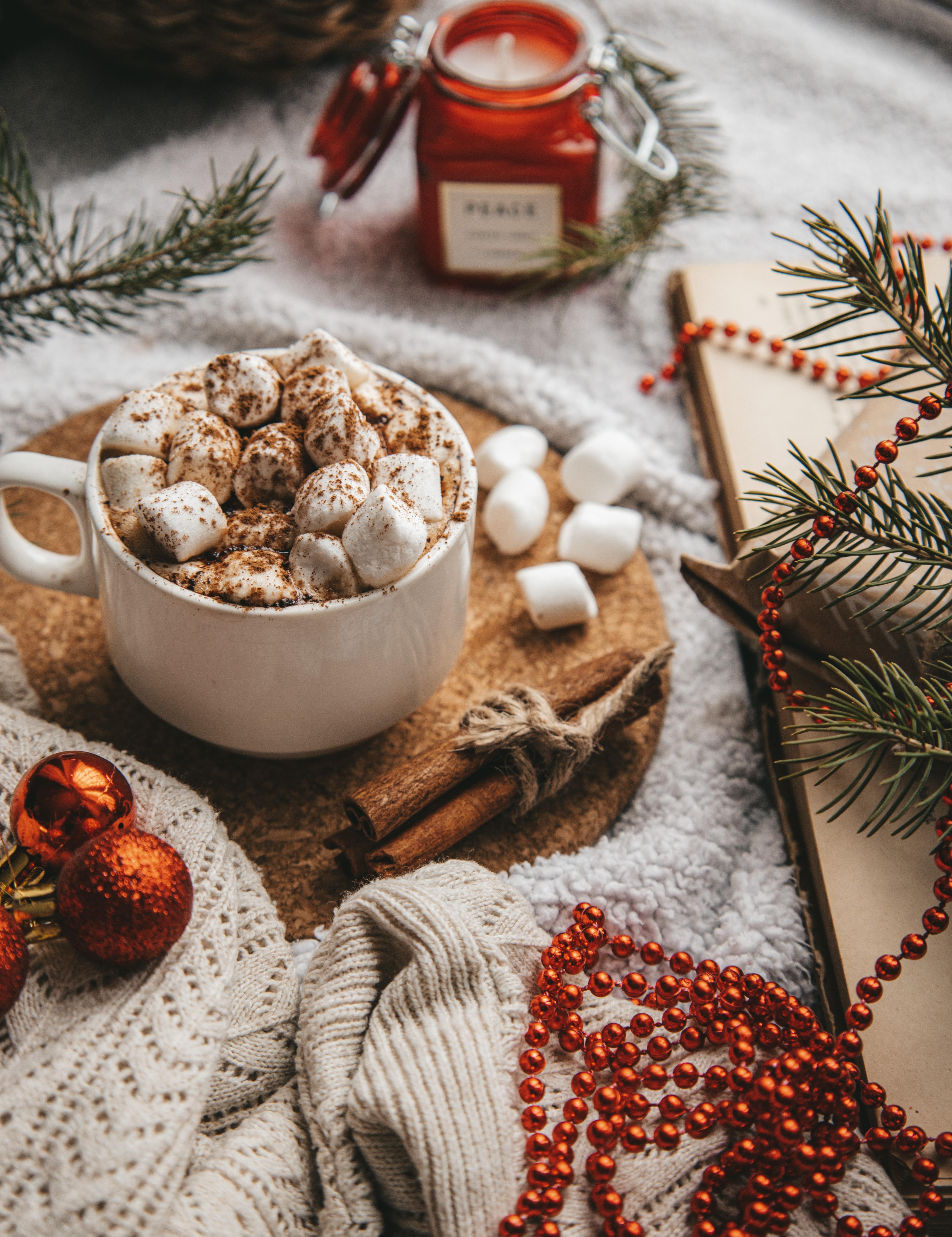Picture of a mug of hot chocolate with marshmallows amidst Christmas decorations.