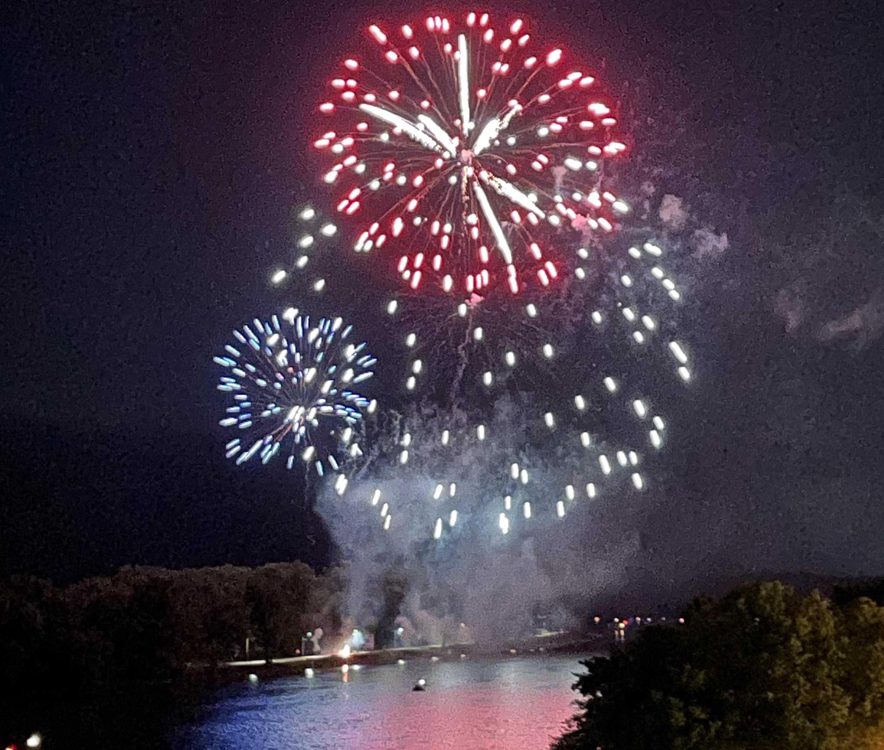 Fireworks reflected on the Mississippi River