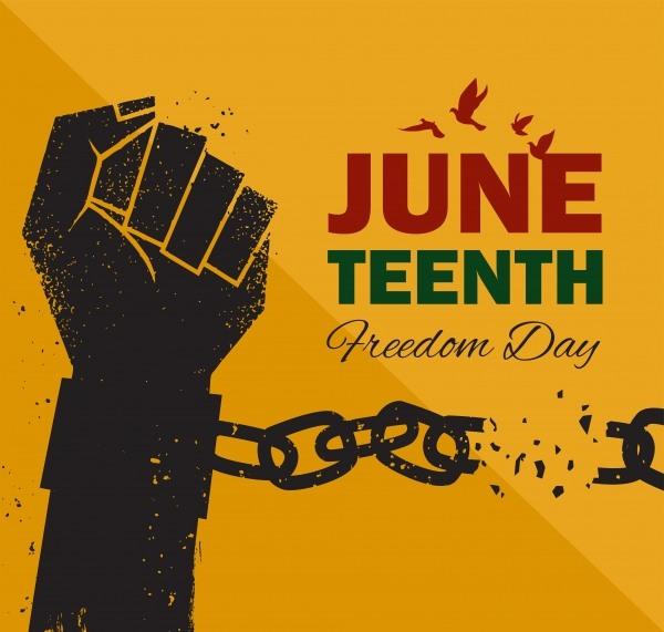 Meme of a black fist breaking out of chains with the text Juneteenth, Freedom Day