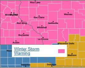 Map of the La Crosse area showing the area of the winter storm warning.