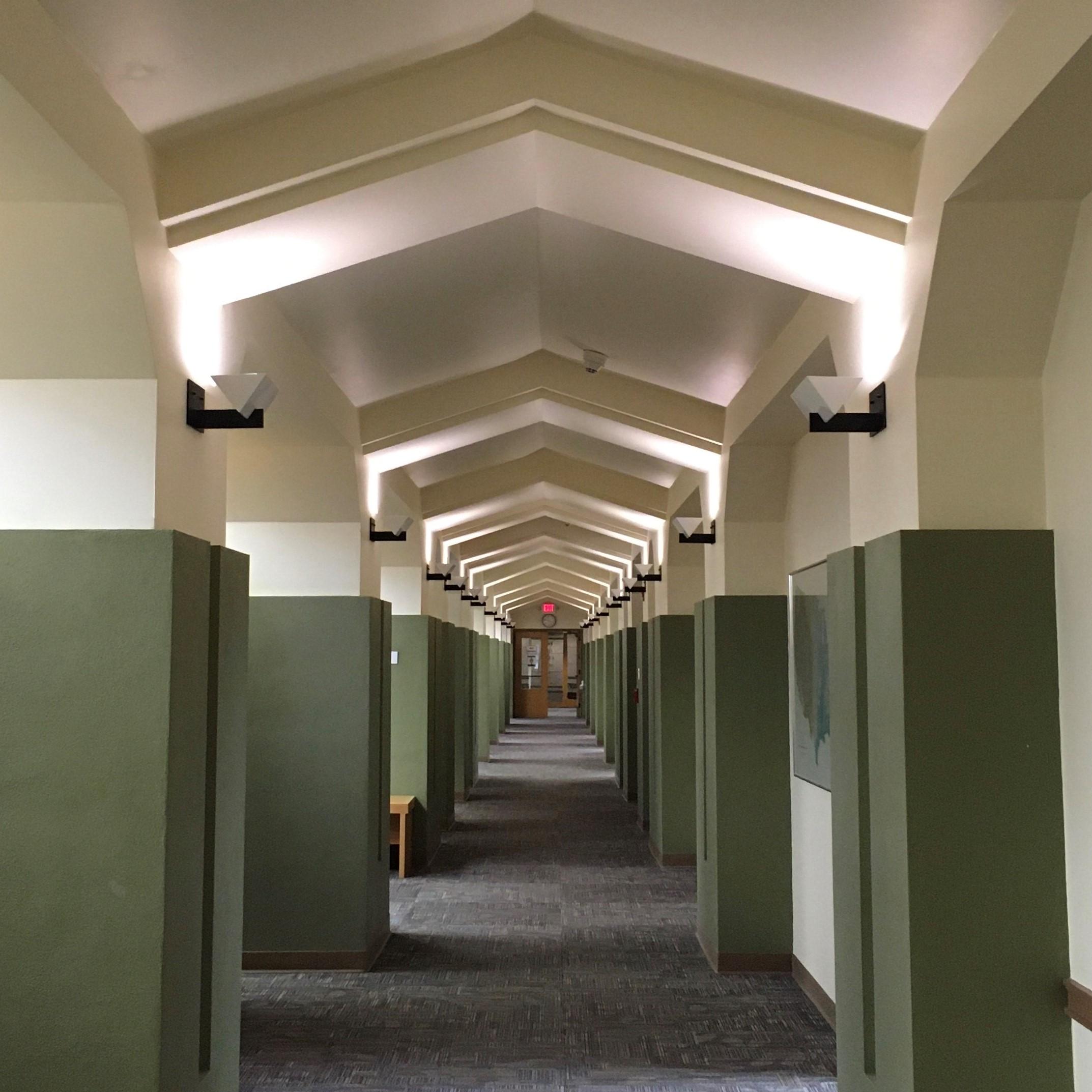 Photograph looking down the library's main hall