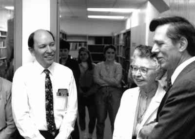 John Hempstead; Frances Claire Mezera, FSPA, former archivist and library director; and President Bill Medland at an event establishing the Frances Claire Library Endowment in 1998.