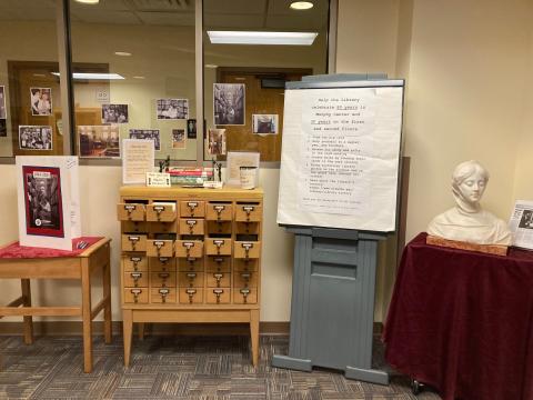 Library anniversary card, card catalog, Dante's Beatrice bust