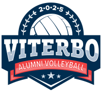 2025 above half of a volleyball ball with Viterbo in big letters underneath it and Alumni volleyball underneath that on a red banner